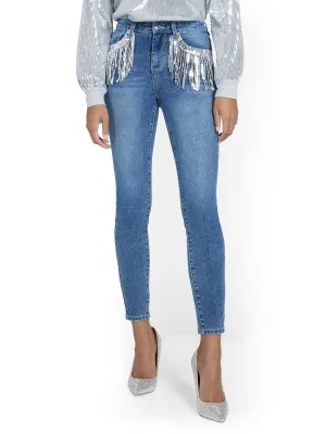 Sequin-Fringe Super-Skinny Ankle Jeans
