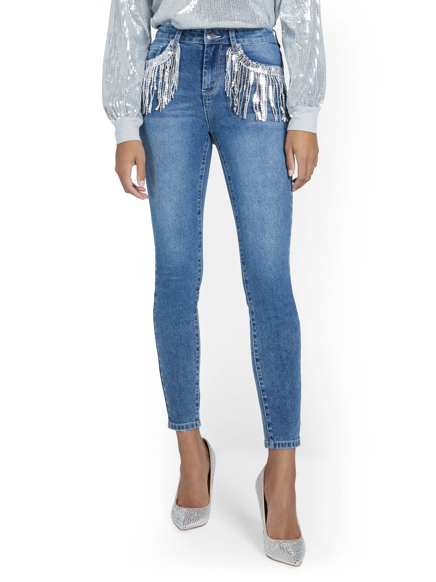 Sequin-Fringe Super-Skinny Ankle Jeans