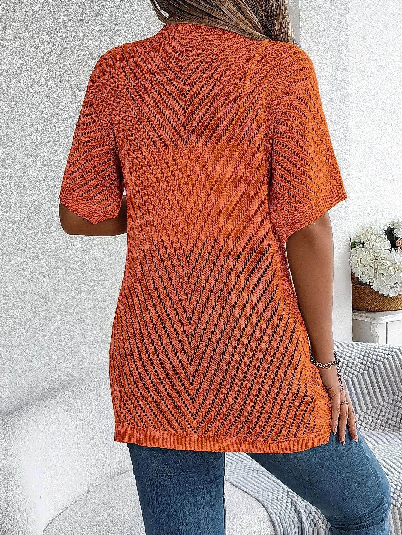 Short Hollow Color Knitted Sleeve Casual Solid Out Blouse