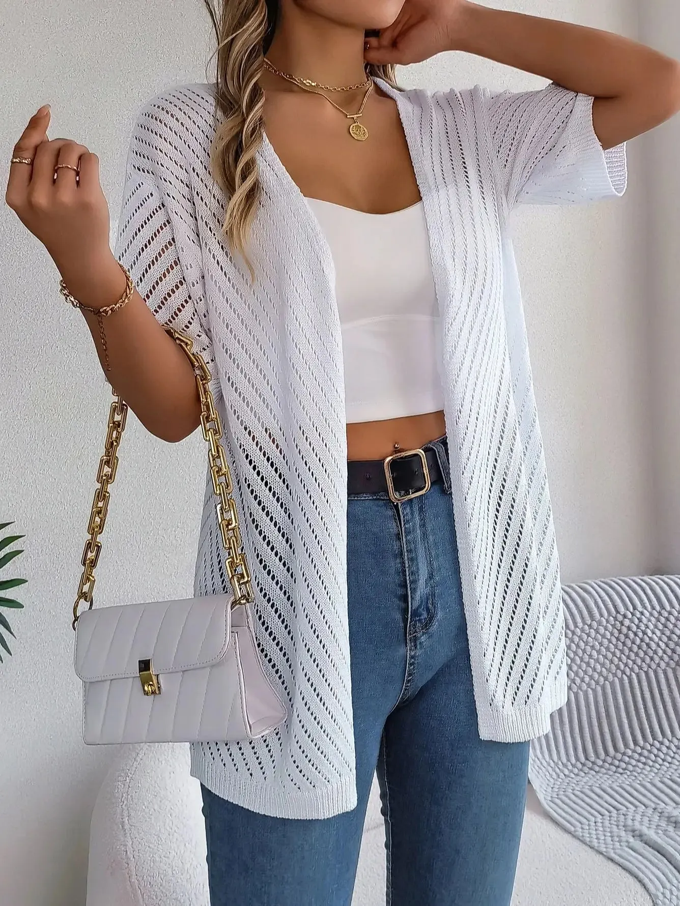 Short Hollow Color Knitted Sleeve Casual Solid Out Blouse
