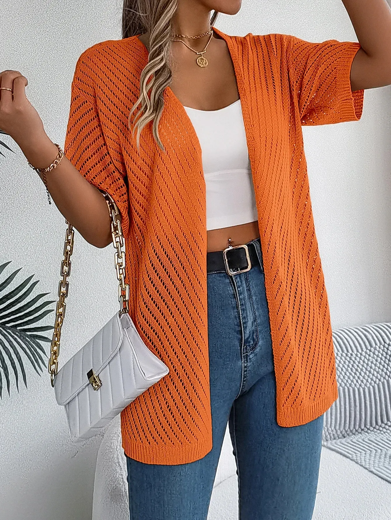 Short Hollow Color Knitted Sleeve Casual Solid Out Blouse