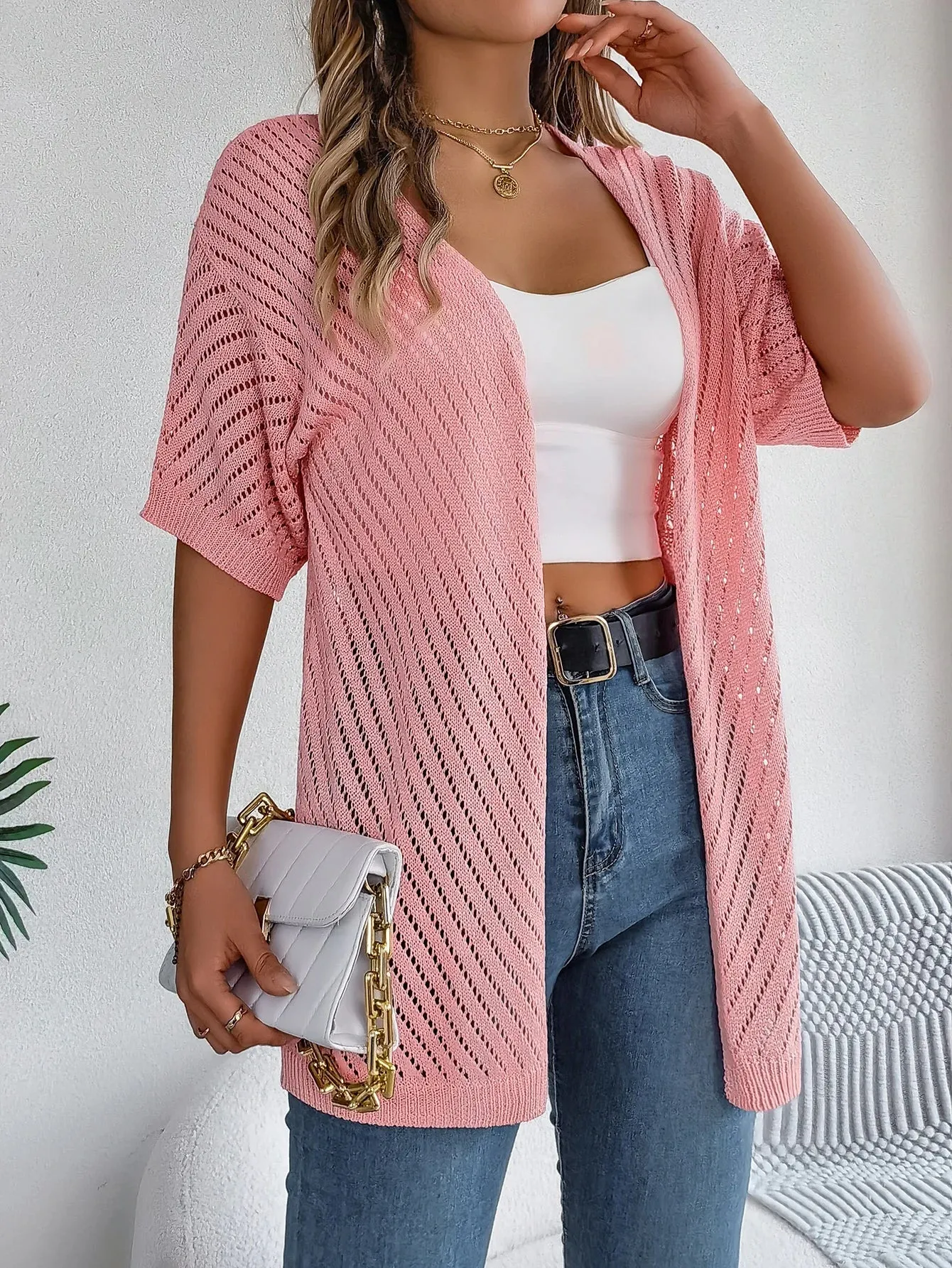 Short Hollow Color Knitted Sleeve Casual Solid Out Blouse