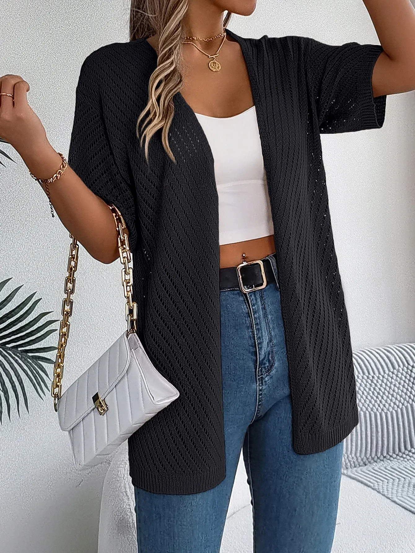 Short Hollow Color Knitted Sleeve Casual Solid Out Blouse