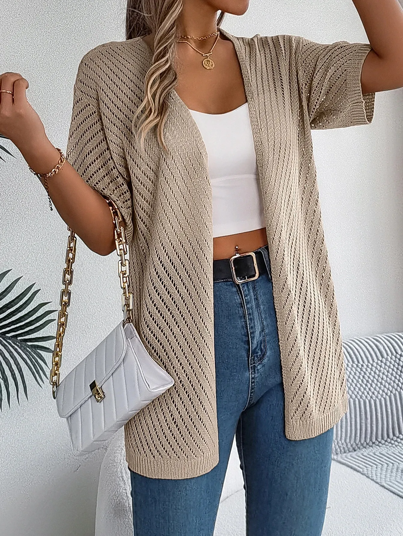 Short Hollow Color Knitted Sleeve Casual Solid Out Blouse