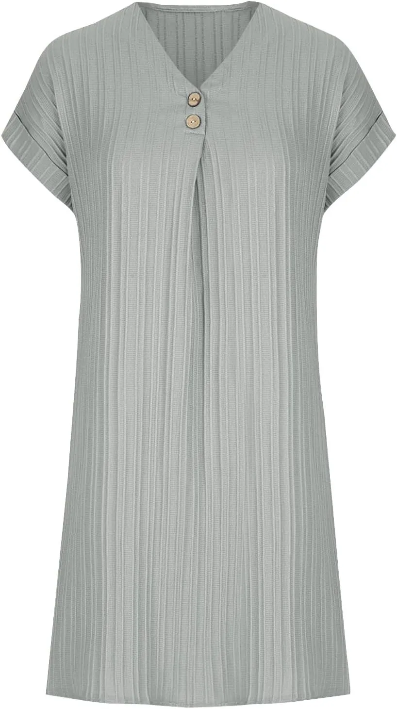 Sinzelimin Shirts Dresses for Women Summer Fashion Button up V-Neck Short Sleeve Loose Comfy Midi Dress Beach Casual Sundress