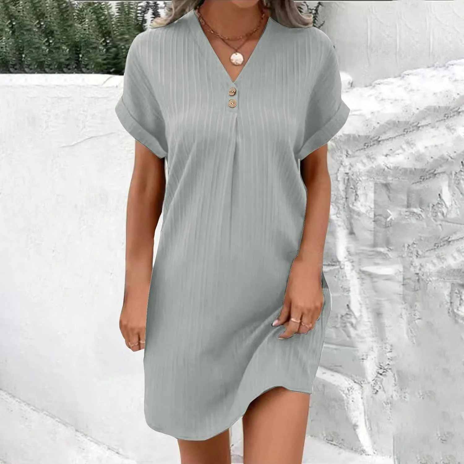 Sinzelimin Shirts Dresses for Women Summer Fashion Button up V-Neck Short Sleeve Loose Comfy Midi Dress Beach Casual Sundress