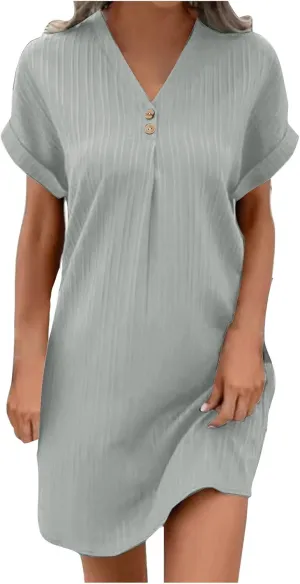 Sinzelimin Shirts Dresses for Women Summer Fashion Button up V-Neck Short Sleeve Loose Comfy Midi Dress Beach Casual Sundress