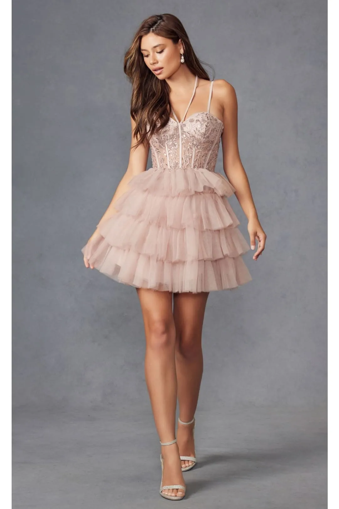 Sleeveless Applique Short Tiered Dress by Juliet JT923S