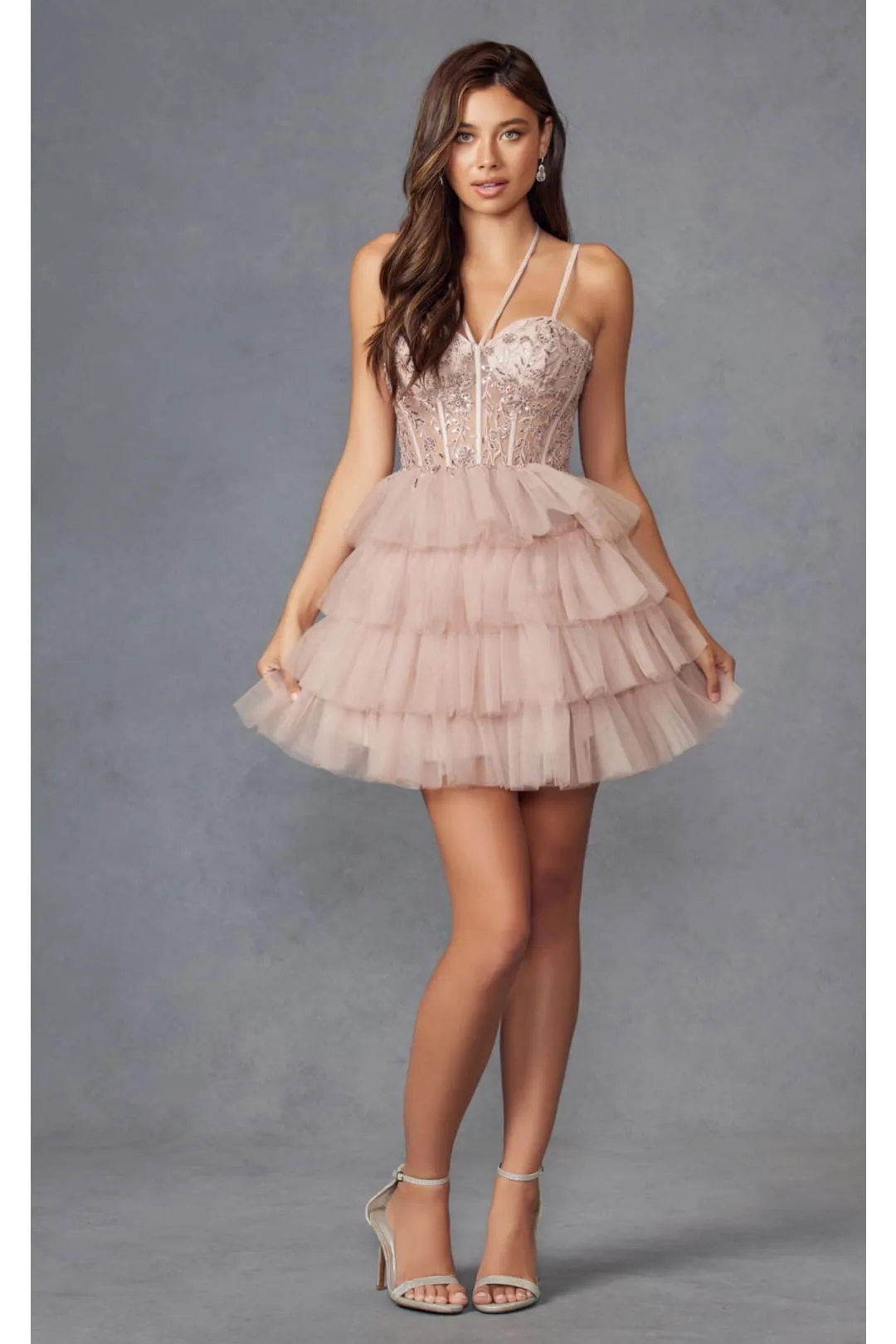 Sleeveless Applique Short Tiered Dress by Juliet JT923S