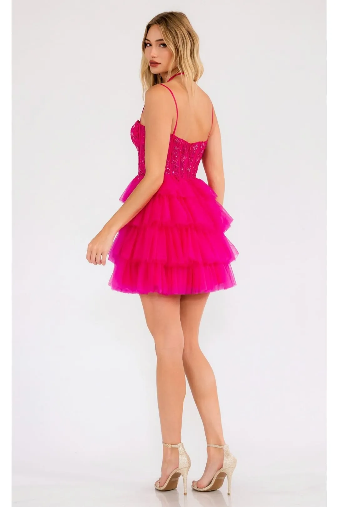 Sleeveless Applique Short Tiered Dress by Juliet JT923S