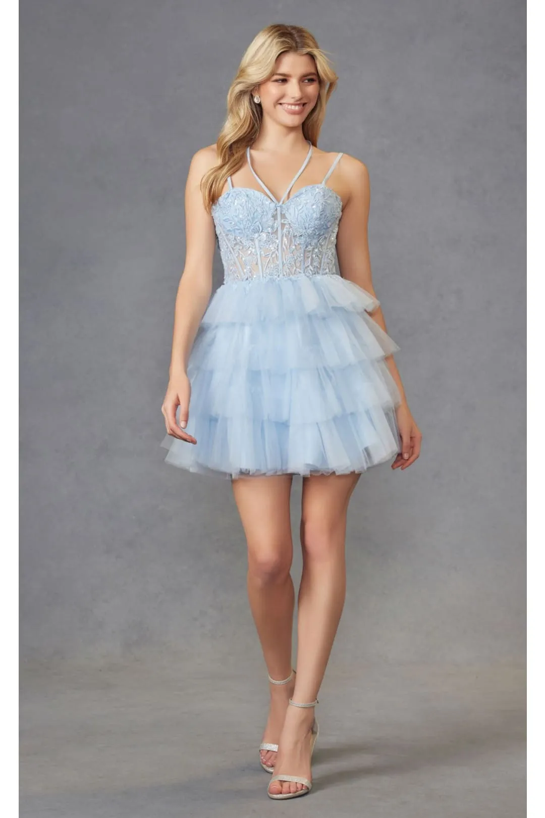Sleeveless Applique Short Tiered Dress by Juliet JT923S