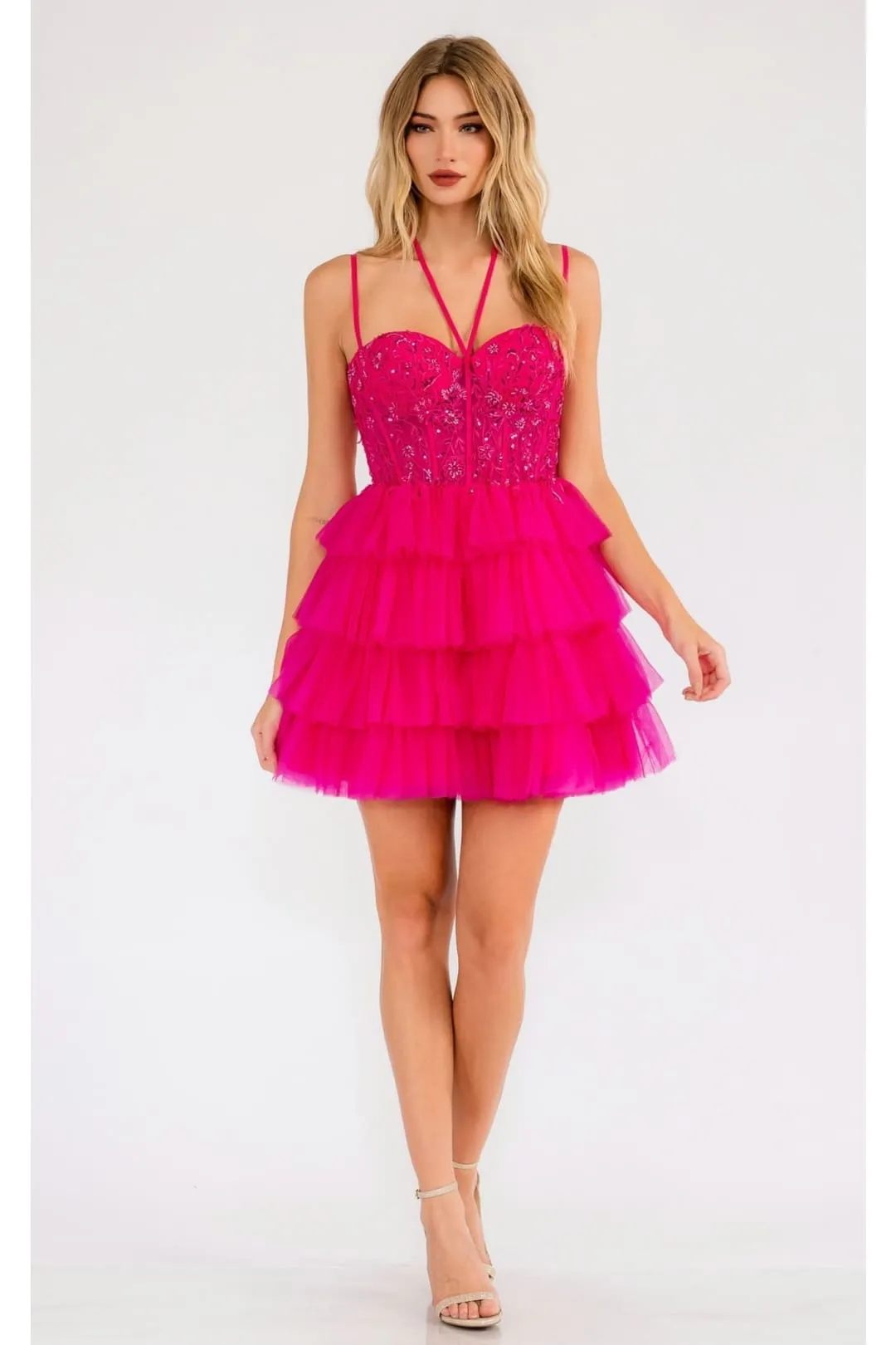 Sleeveless Applique Short Tiered Dress by Juliet JT923S