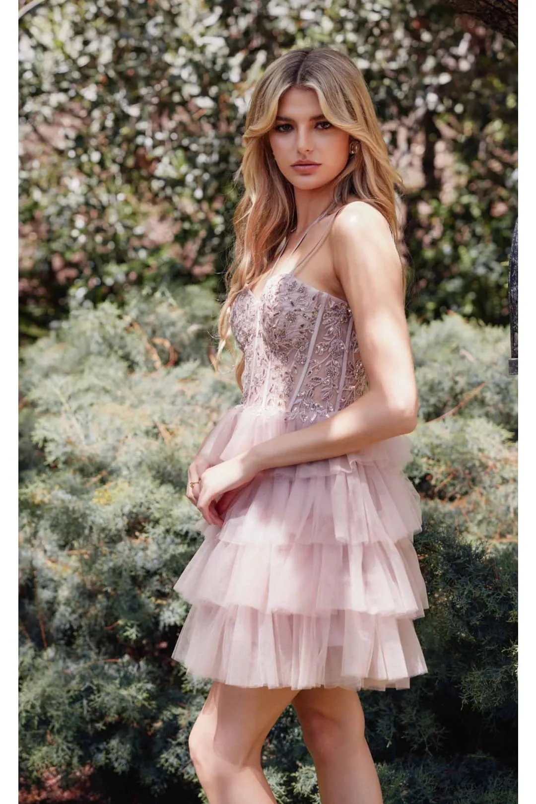 Sleeveless Applique Short Tiered Dress by Juliet JT923S