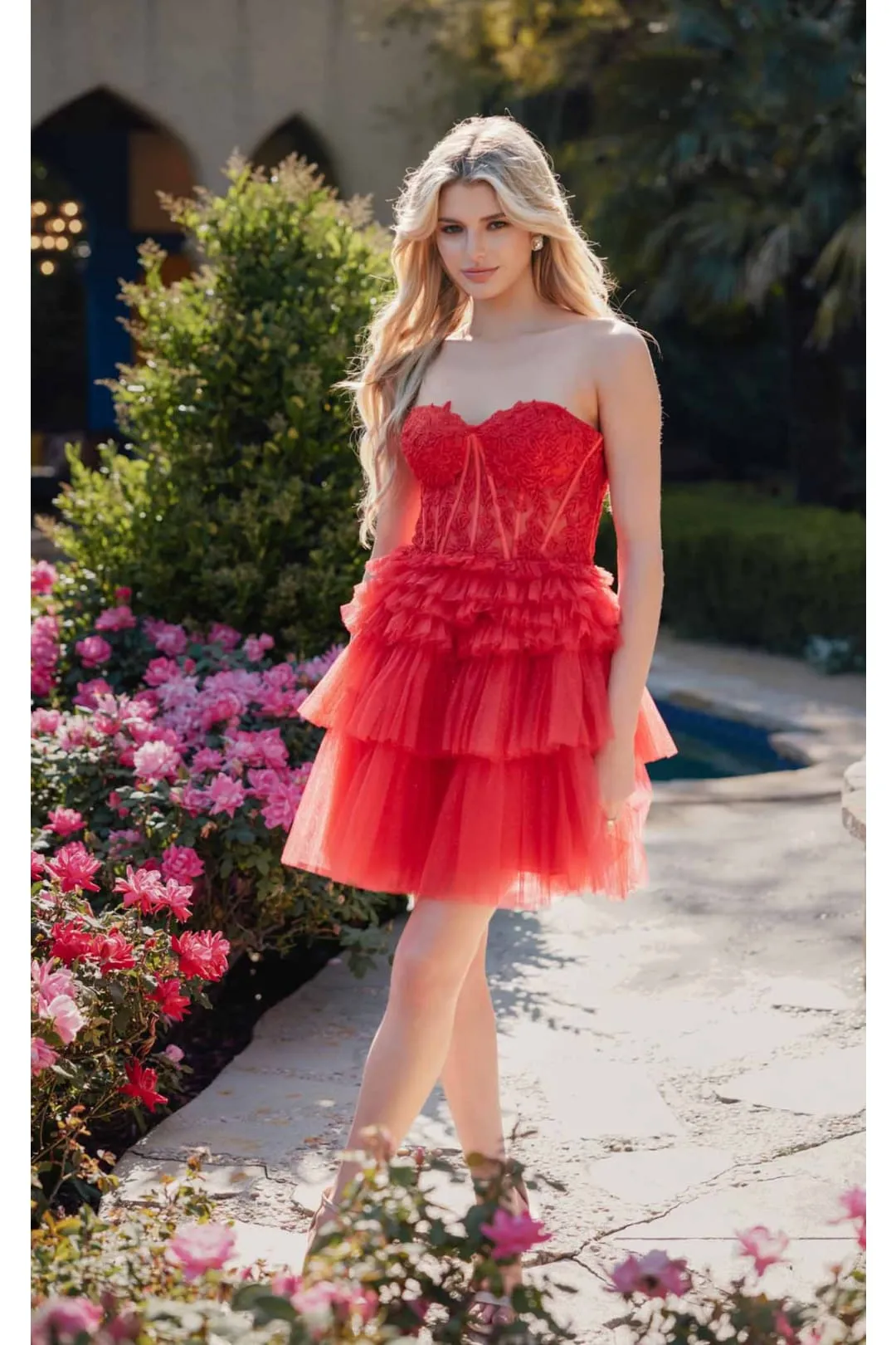 Sleeveless Applique Short Tiered Dress by Juliet JT923S