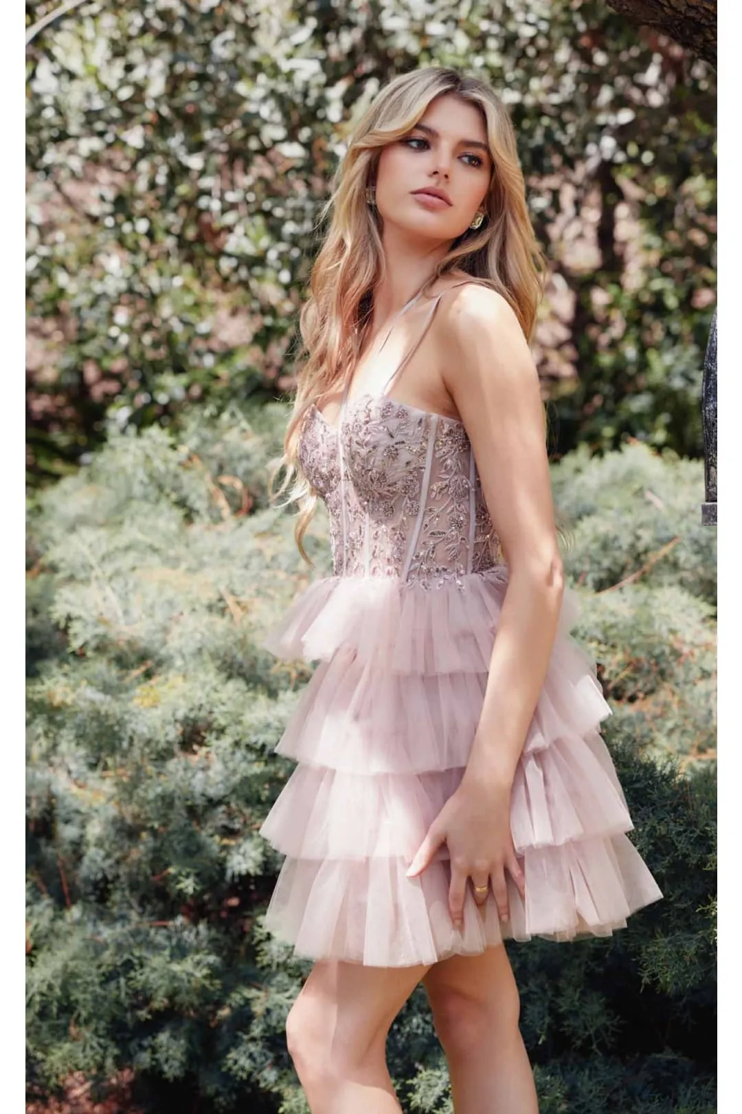 Sleeveless Applique Short Tiered Dress by Juliet JT923S