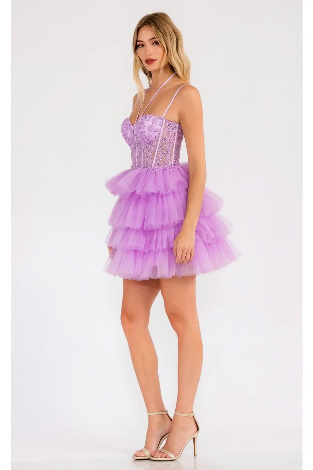 Sleeveless Applique Short Tiered Dress by Juliet JT923S