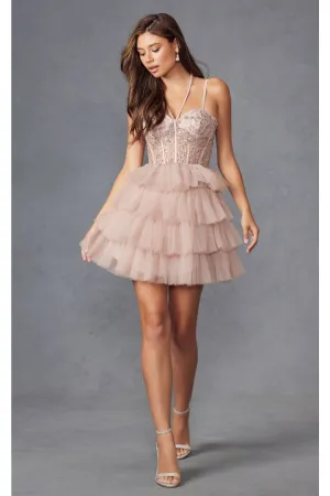 Sleeveless Applique Short Tiered Dress by Juliet JT923S
