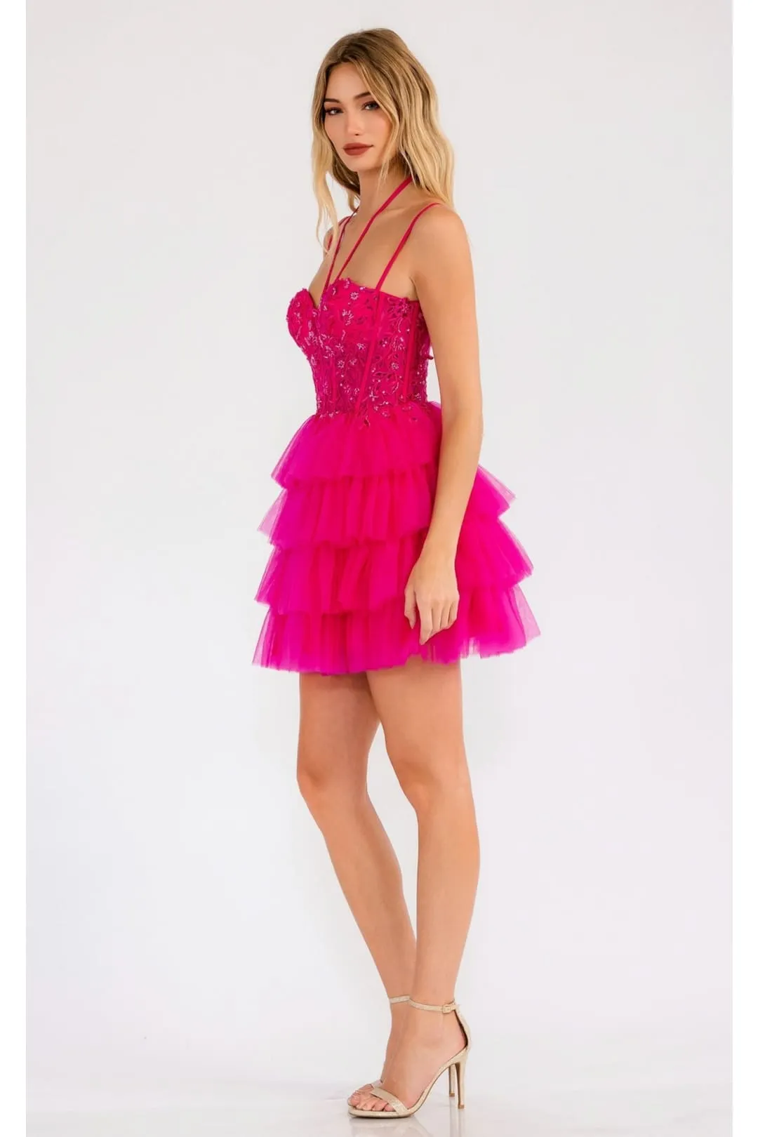 Sleeveless Applique Short Tiered Dress by Juliet JT923S