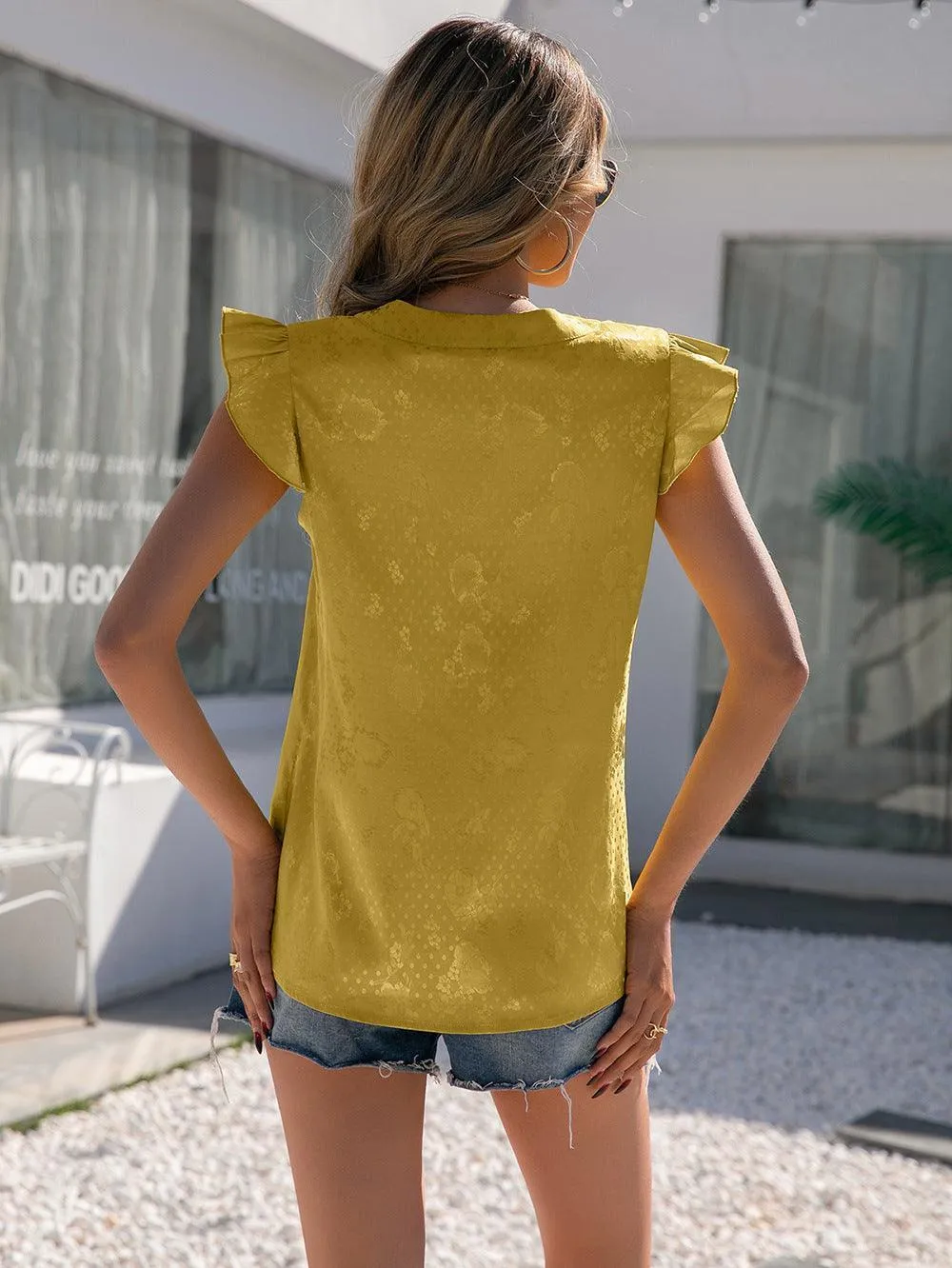 Sociable Notched Neck Butterfly Sleeve Blouse