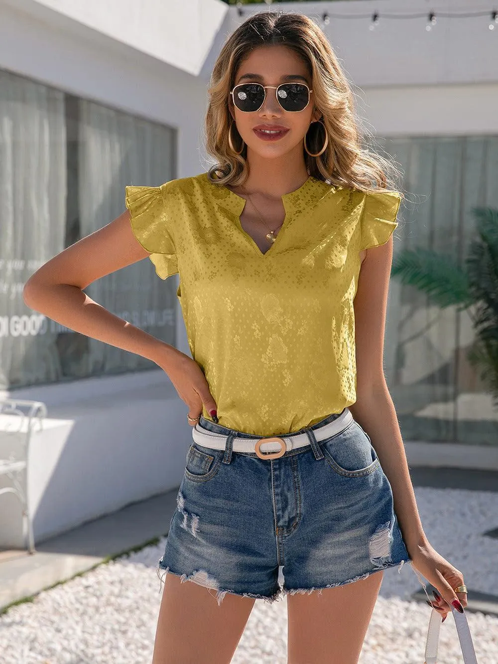 Sociable Notched Neck Butterfly Sleeve Blouse