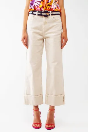 Straight Leg Jeans With Cropped Hem In Beige