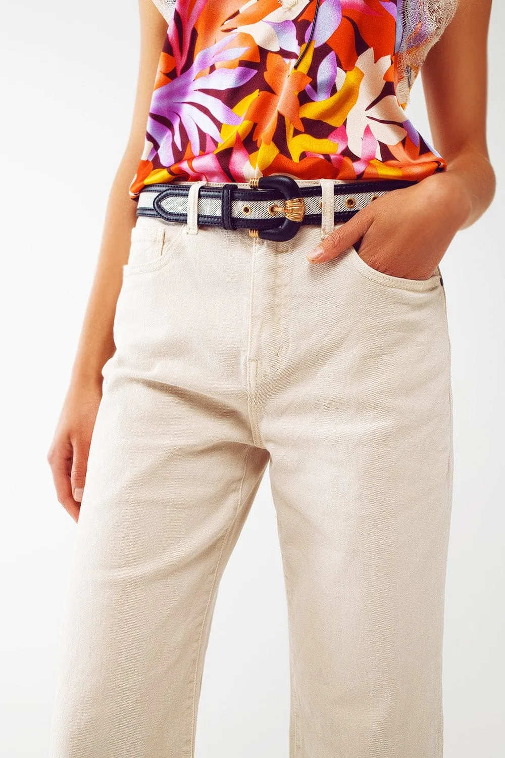 Straight Leg Jeans With Cropped Hem In Beige