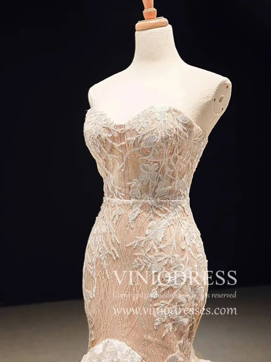Strapless Champagne Mermaid Wedding Dresses with Long Train VW1004