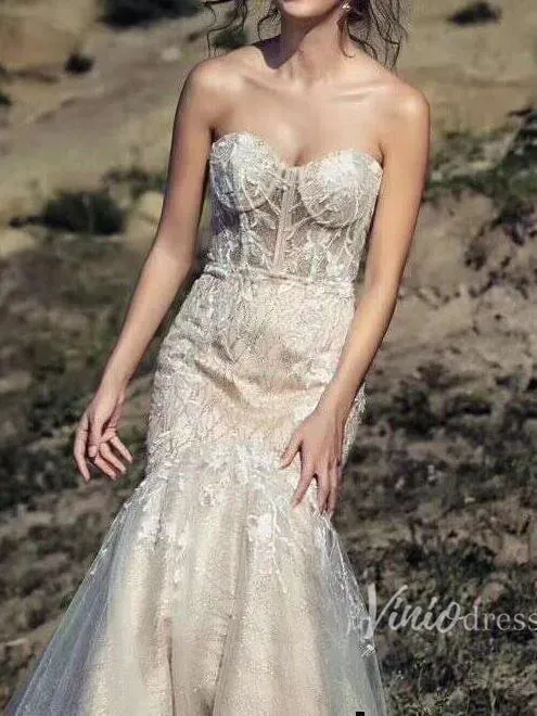 Strapless Champagne Mermaid Wedding Dresses with Long Train VW1004