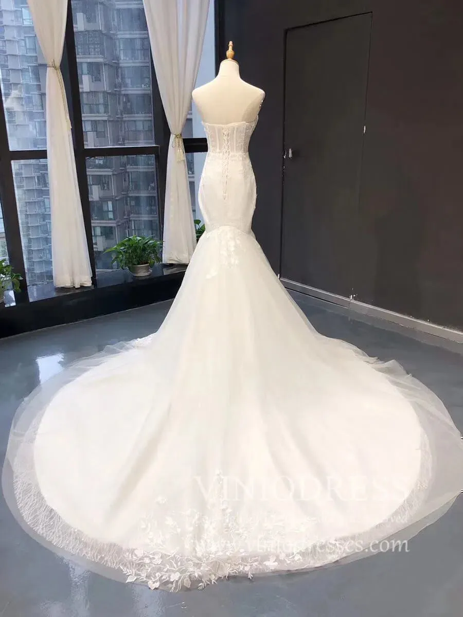 Strapless Champagne Mermaid Wedding Dresses with Long Train VW1004
