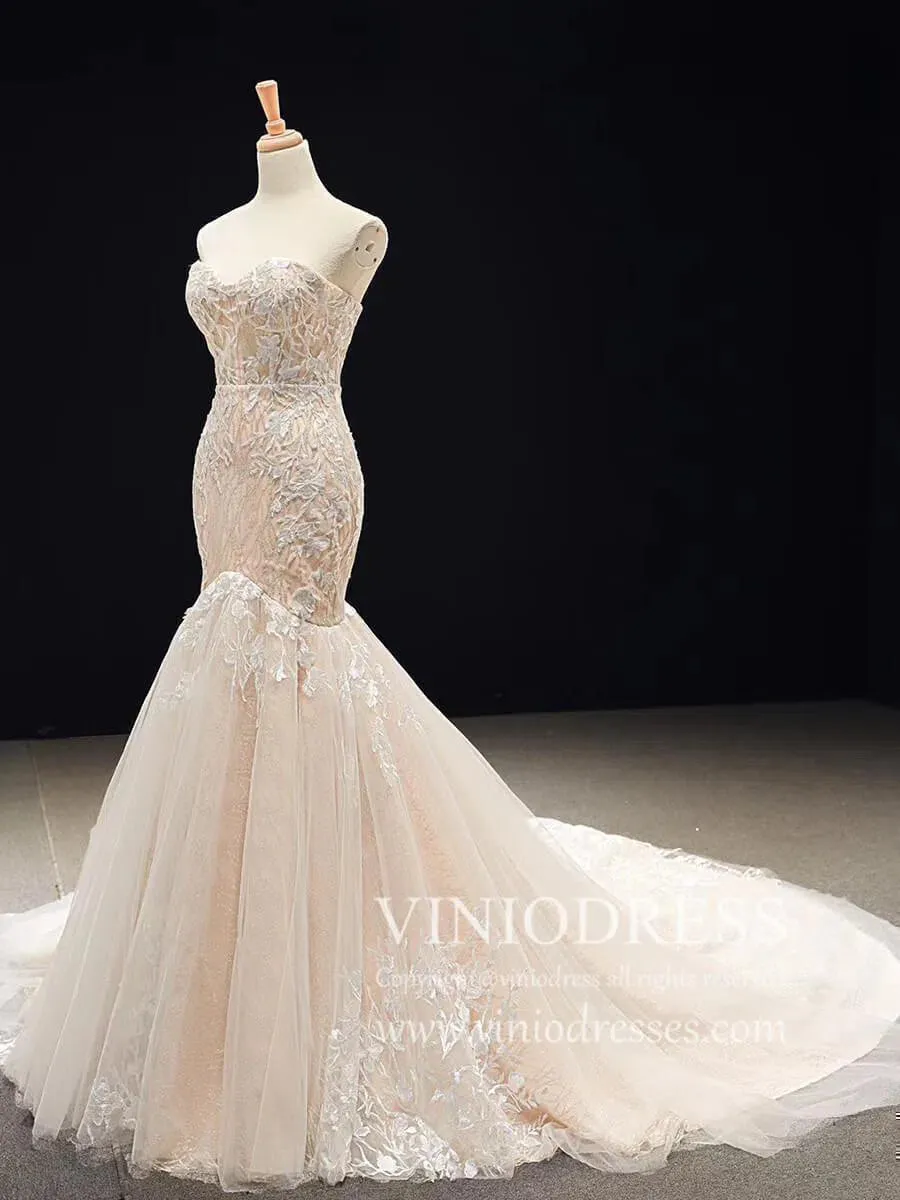 Strapless Champagne Mermaid Wedding Dresses with Long Train VW1004