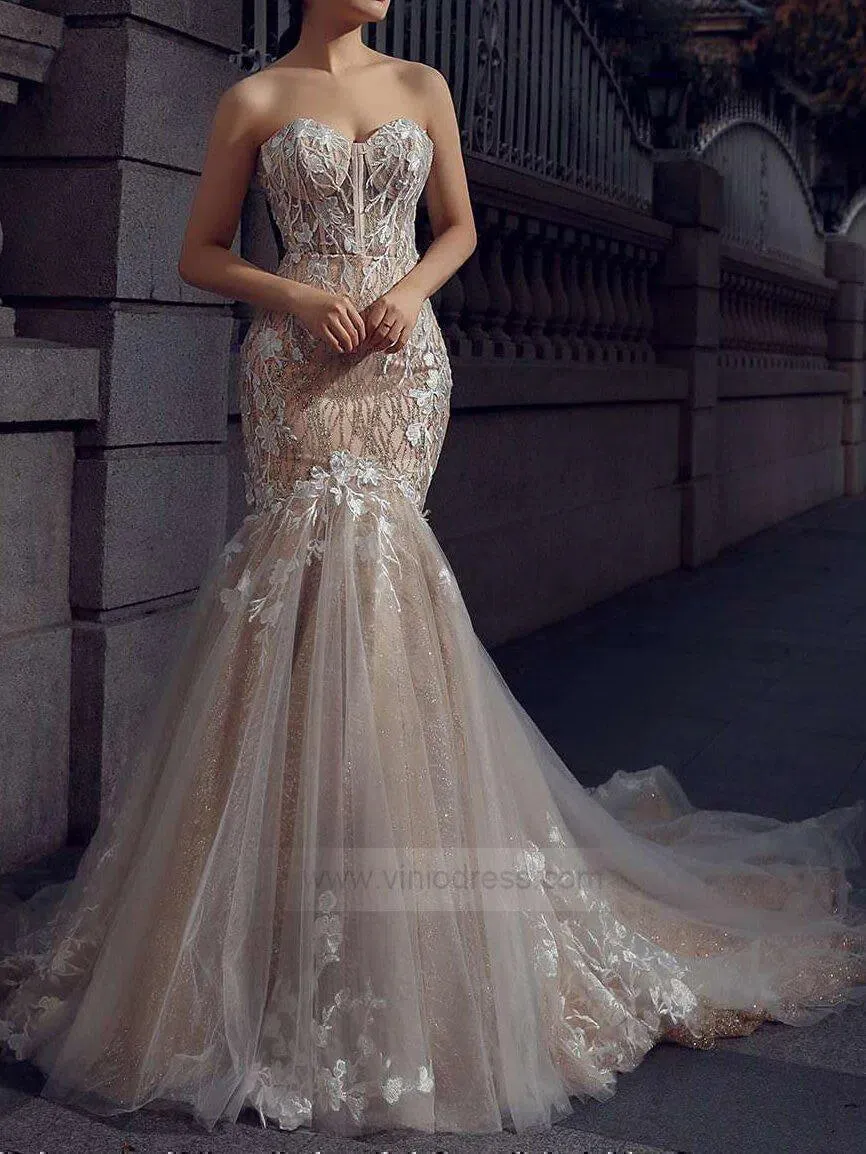 Strapless Champagne Mermaid Wedding Dresses with Long Train VW1004