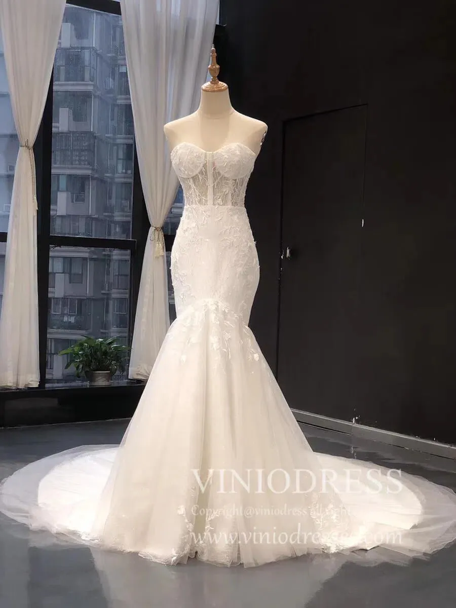 Strapless Champagne Mermaid Wedding Dresses with Long Train VW1004