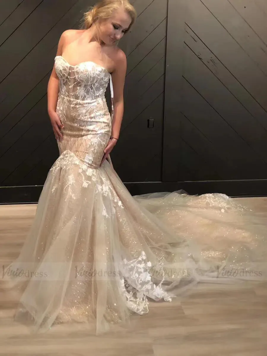 Strapless Champagne Mermaid Wedding Dresses with Long Train VW1004