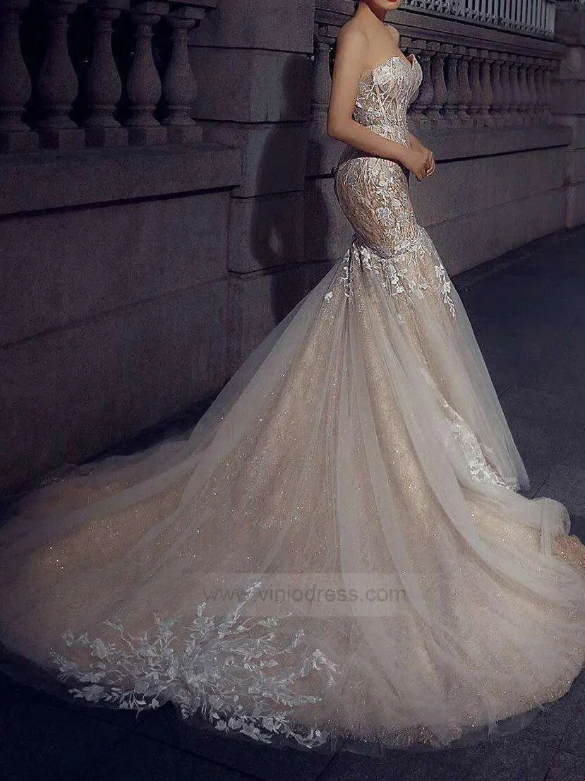 Strapless Champagne Mermaid Wedding Dresses with Long Train VW1004