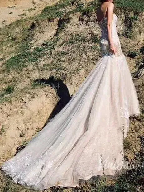 Strapless Champagne Mermaid Wedding Dresses with Long Train VW1004