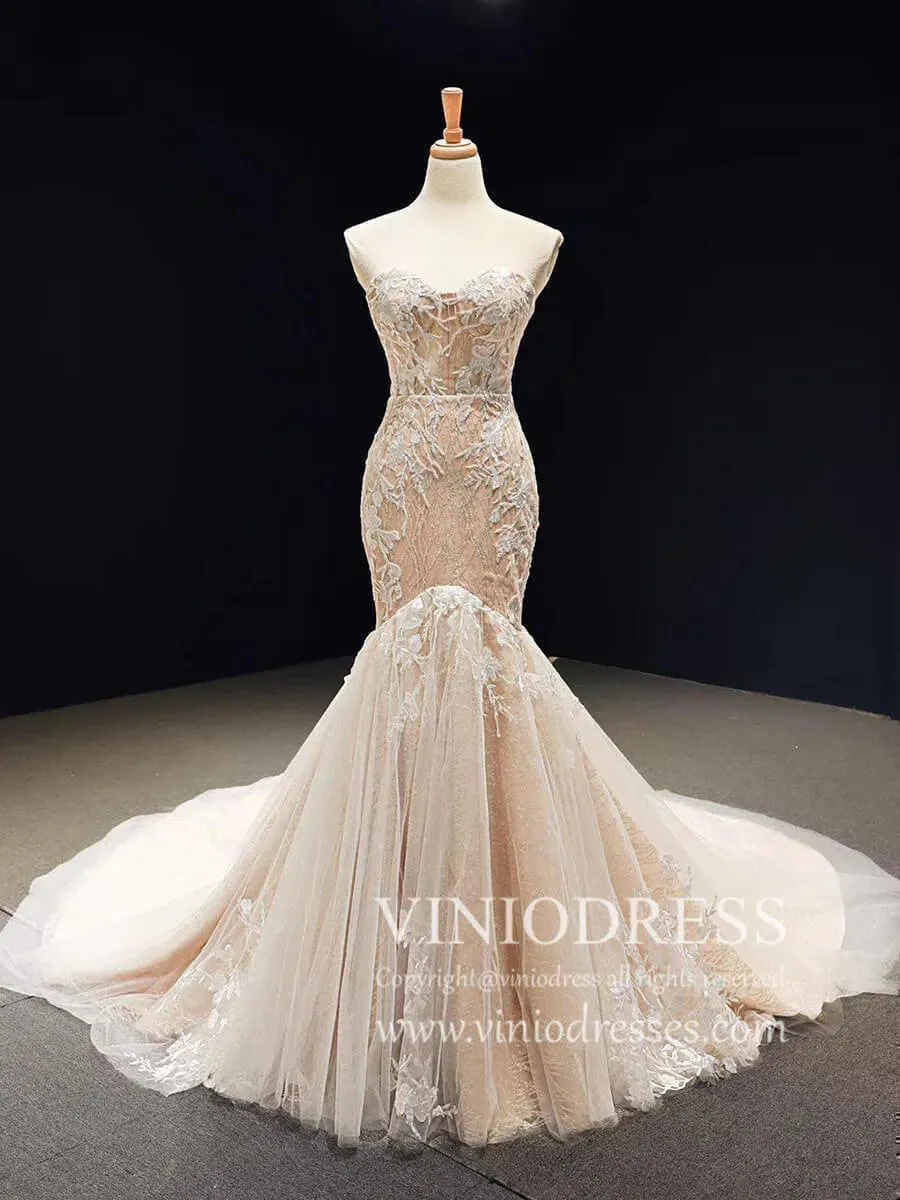 Strapless Champagne Mermaid Wedding Dresses with Long Train VW1004