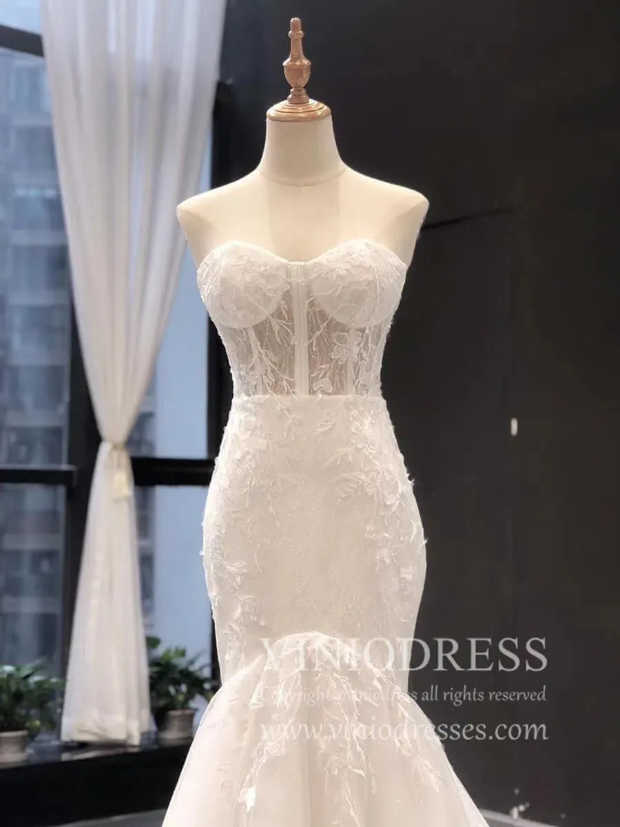Strapless Champagne Mermaid Wedding Dresses with Long Train VW1004