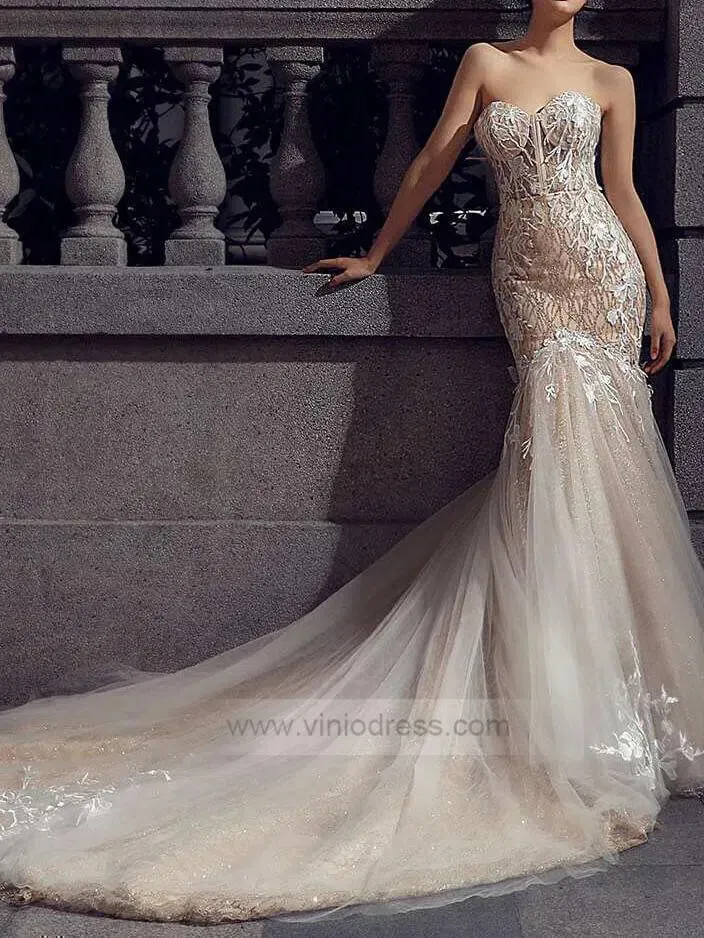 Strapless Champagne Mermaid Wedding Dresses with Long Train VW1004