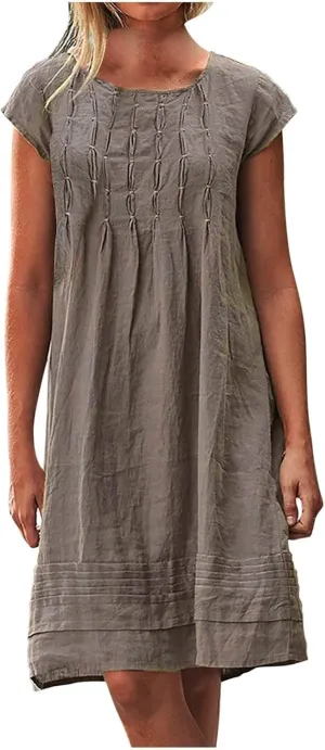 Summer Dresses for Women 2025 Round Neck Short Sleeve Pleated Dress Beach Vacation Sundress Fashion Casual Mini Dress