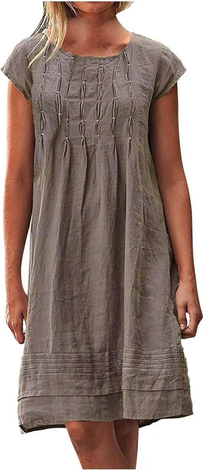 Summer Dresses for Women 2025 Round Neck Short Sleeve Pleated Dress Beach Vacation Sundress Fashion Casual Mini Dress