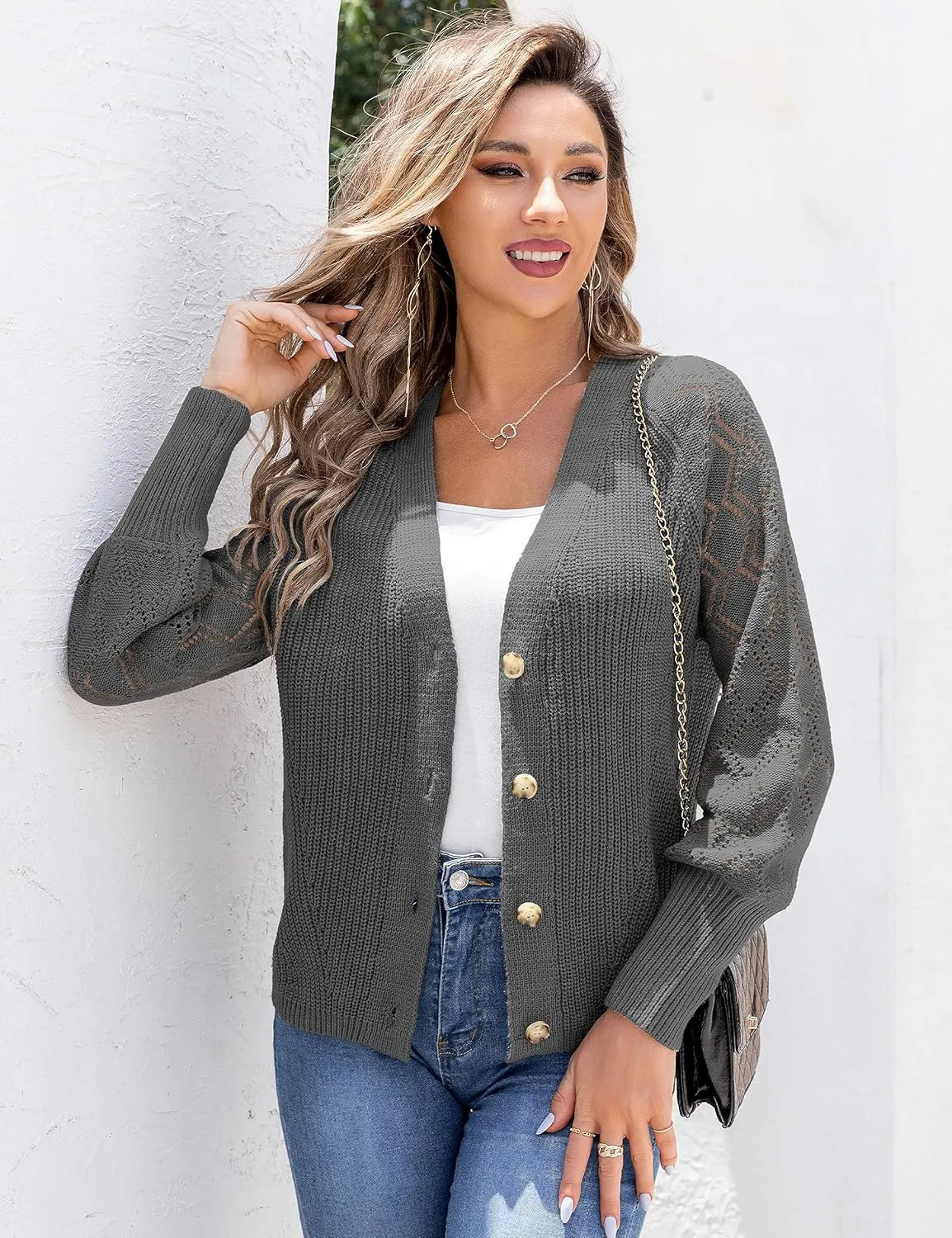 Traleubie Women's Long Sleeve V-Neck Button Down Knit Open Front Cardigan Sweater