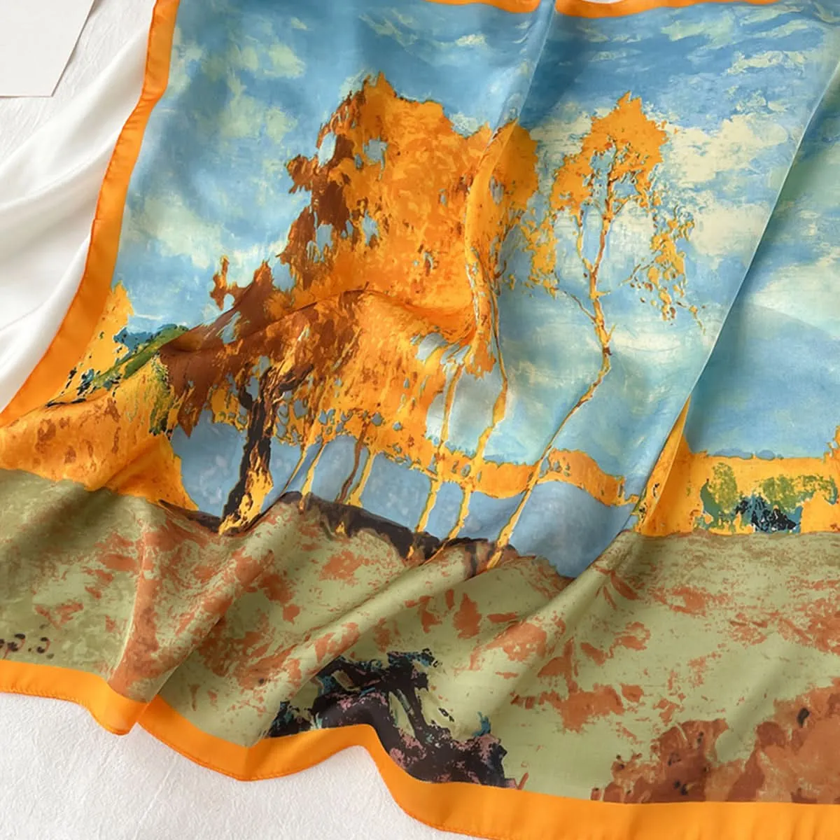 Tree Oil Painting Print Square Scarf – Breathable Polyester, Stylish Head Wrap