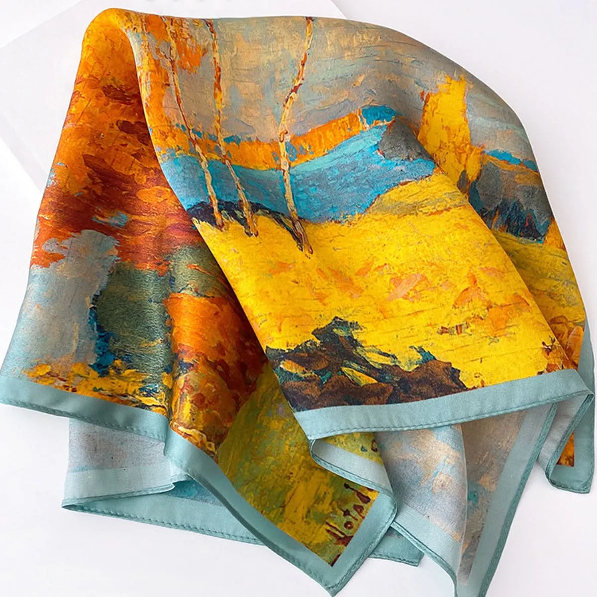 Tree Oil Painting Print Square Scarf – Breathable Polyester, Stylish Head Wrap