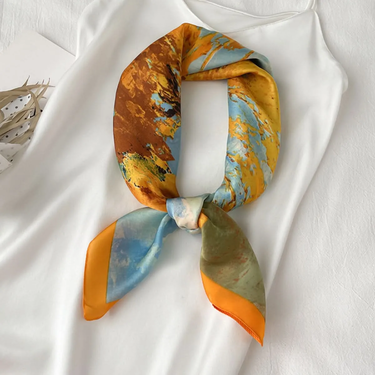 Tree Oil Painting Print Square Scarf – Breathable Polyester, Stylish Head Wrap
