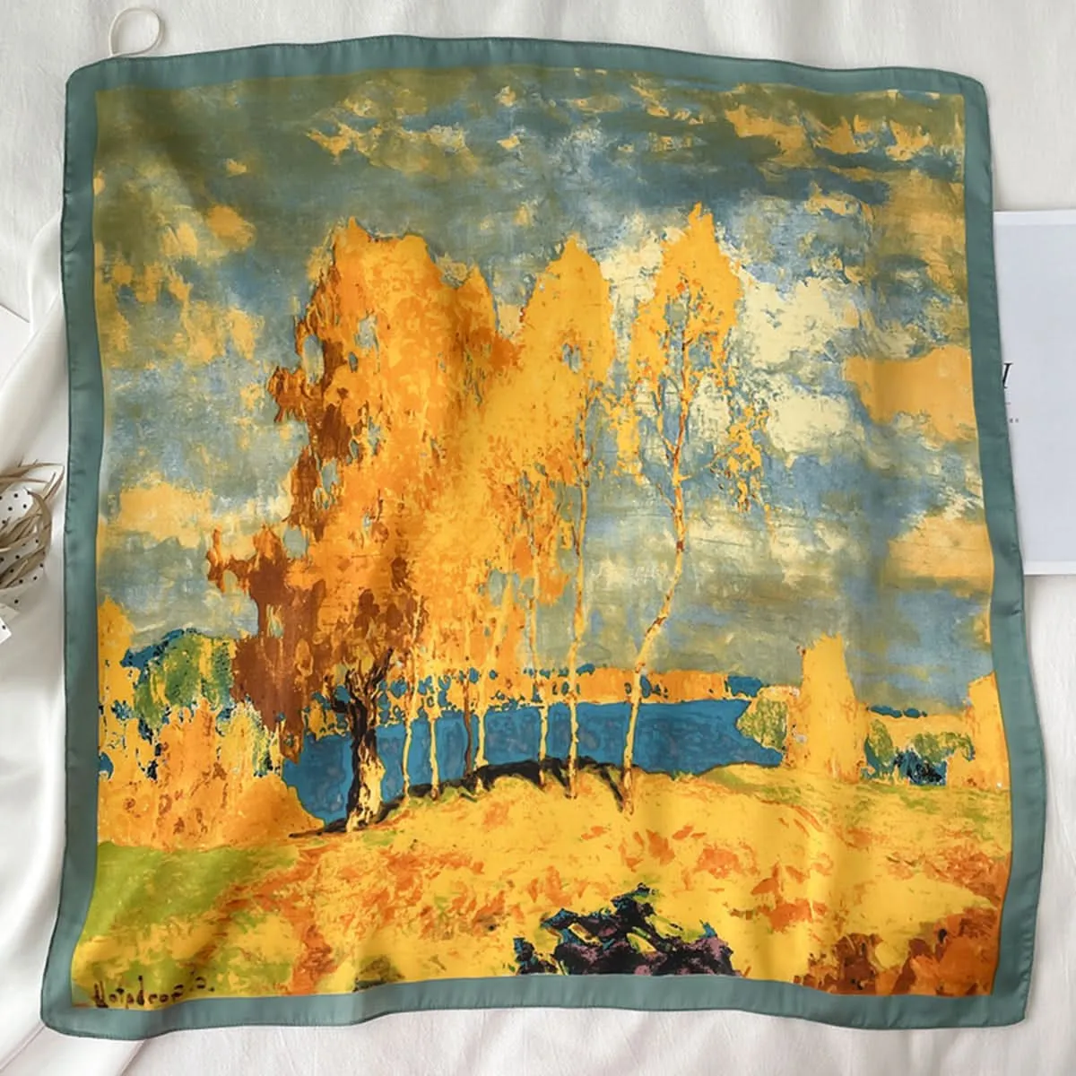 Tree Oil Painting Print Square Scarf – Breathable Polyester, Stylish Head Wrap