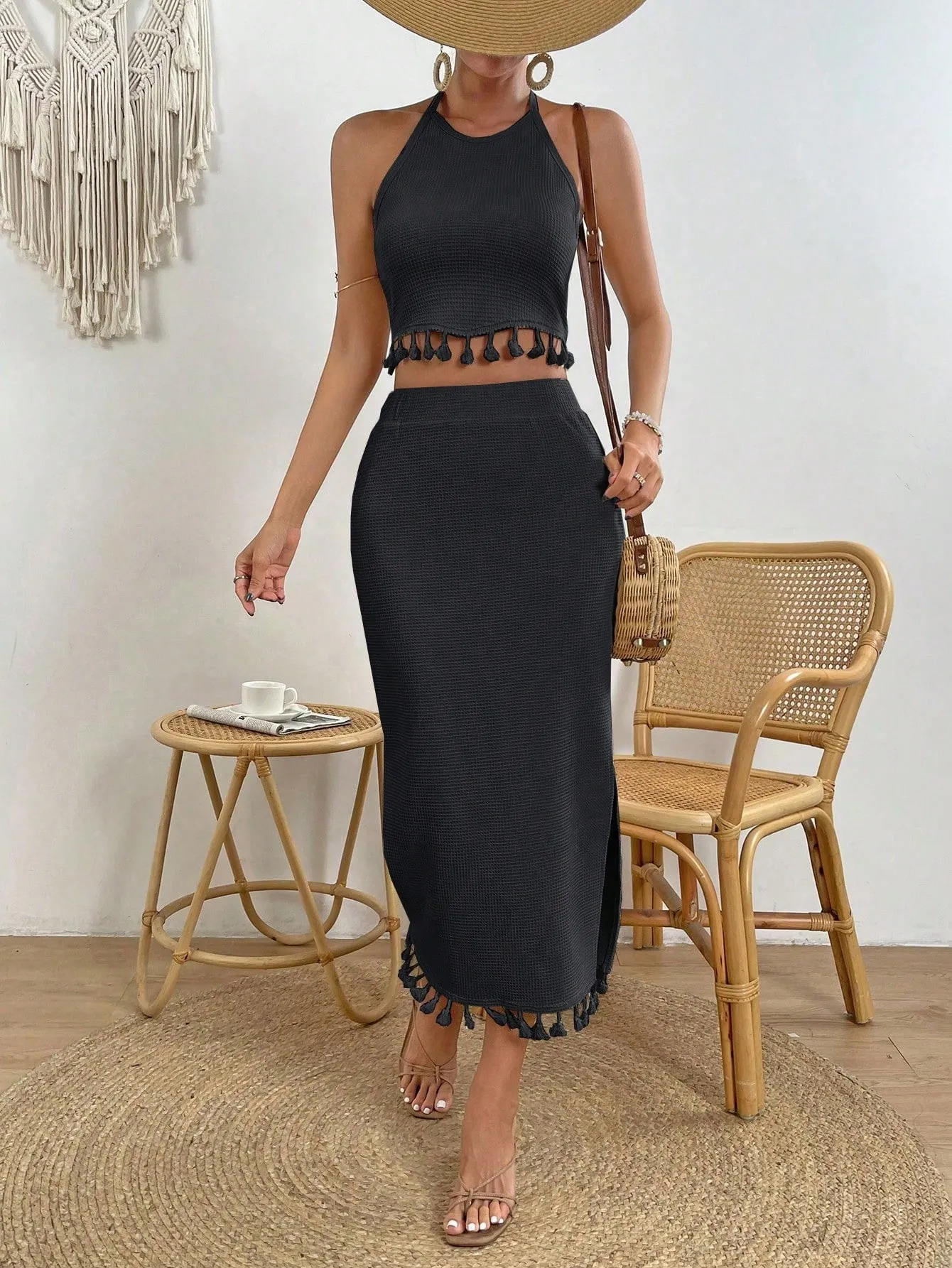 VCAY Women's Fringed Halter Top And High Slit Skirt Set