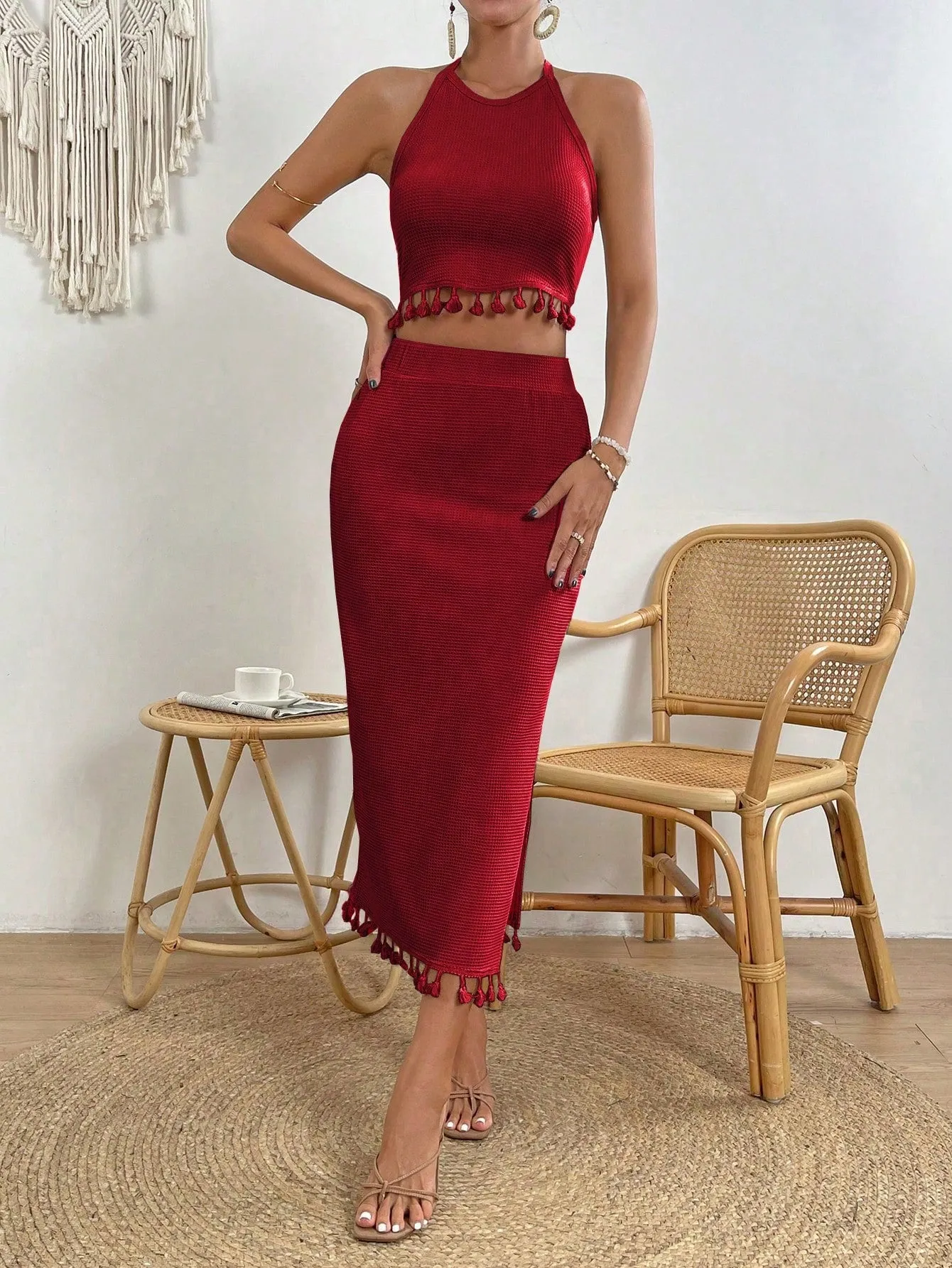 VCAY Women's Fringed Halter Top And High Slit Skirt Set