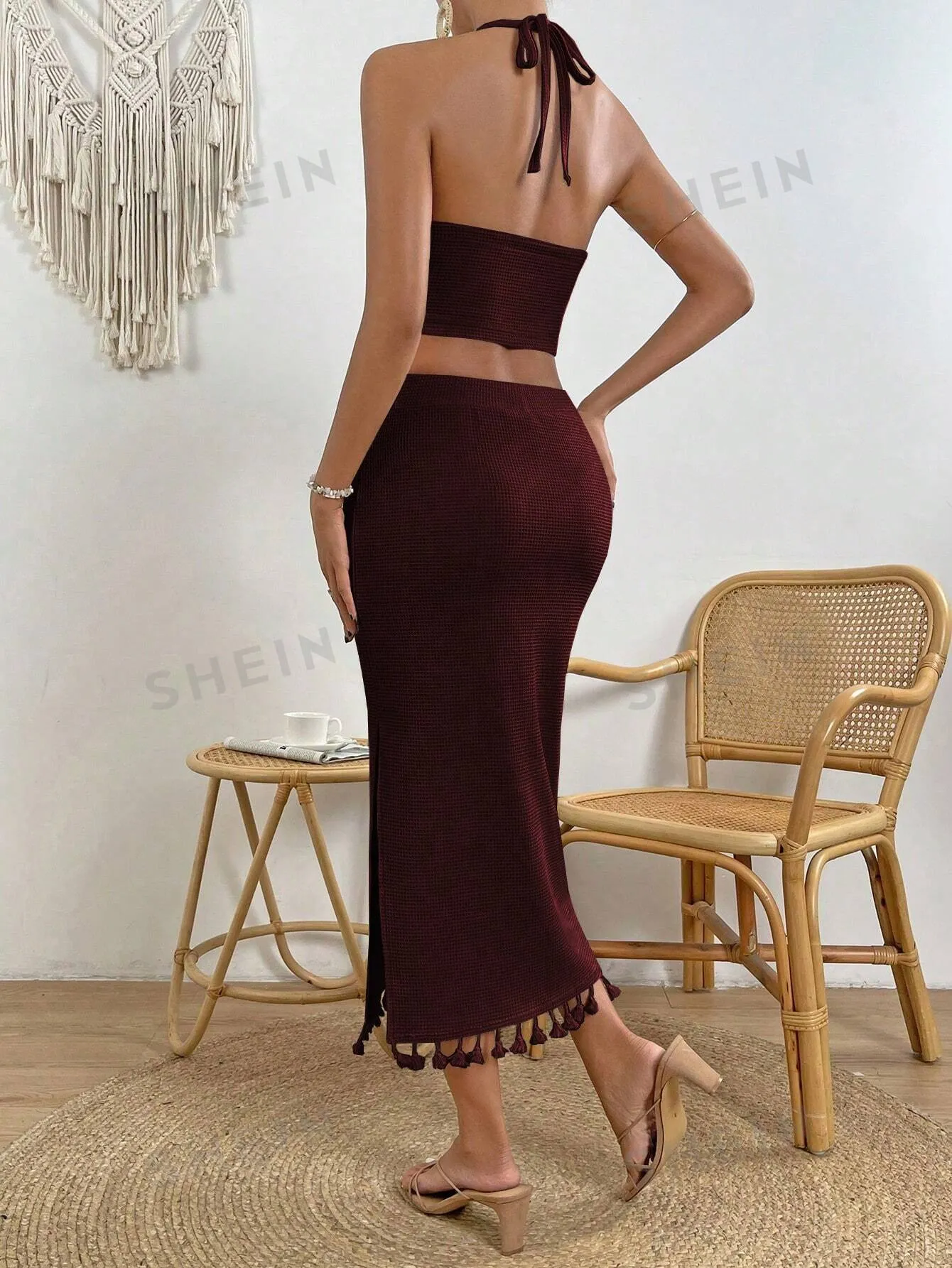 VCAY Women's Fringed Halter Top And High Slit Skirt Set