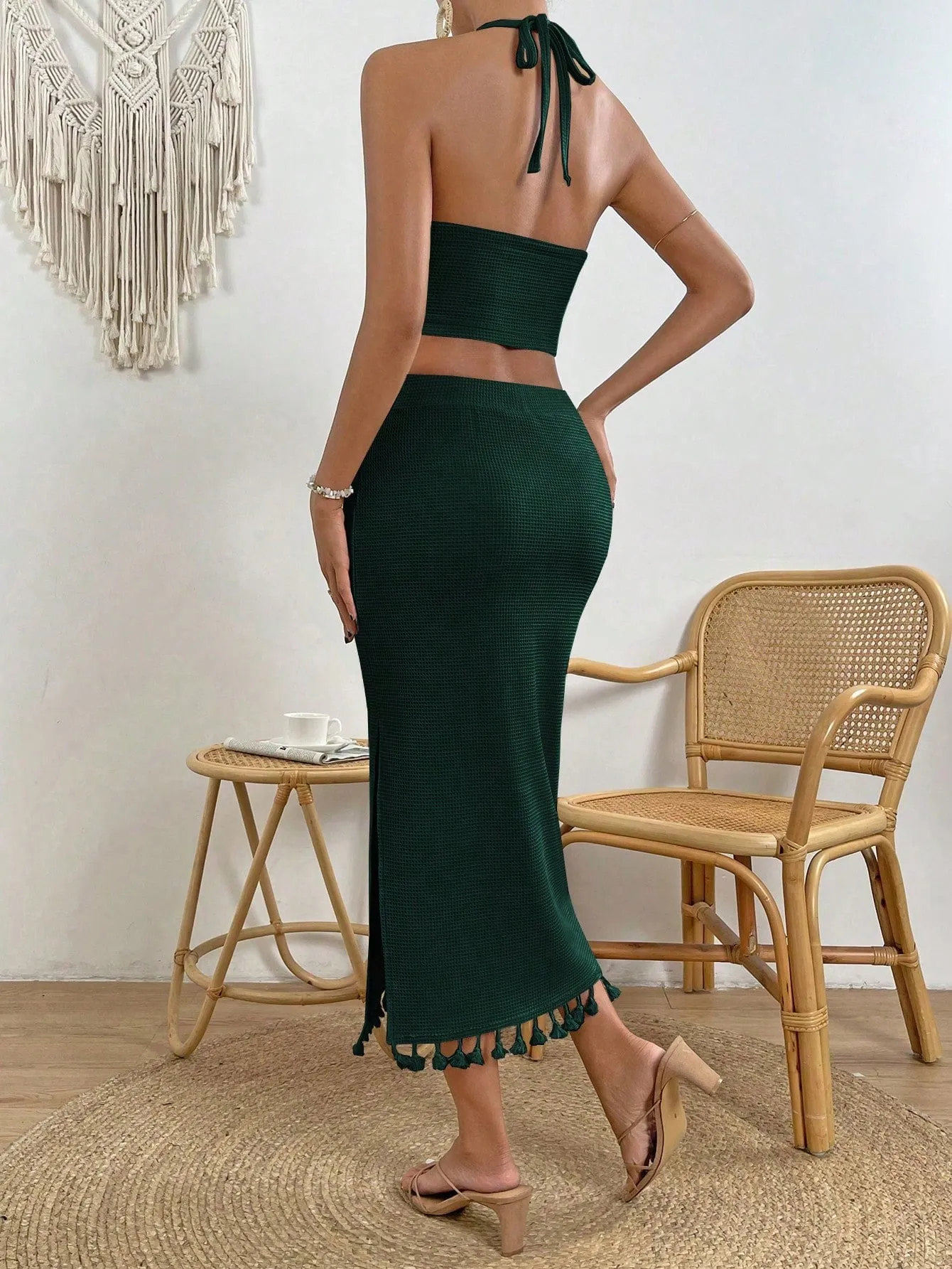 VCAY Women's Fringed Halter Top And High Slit Skirt Set