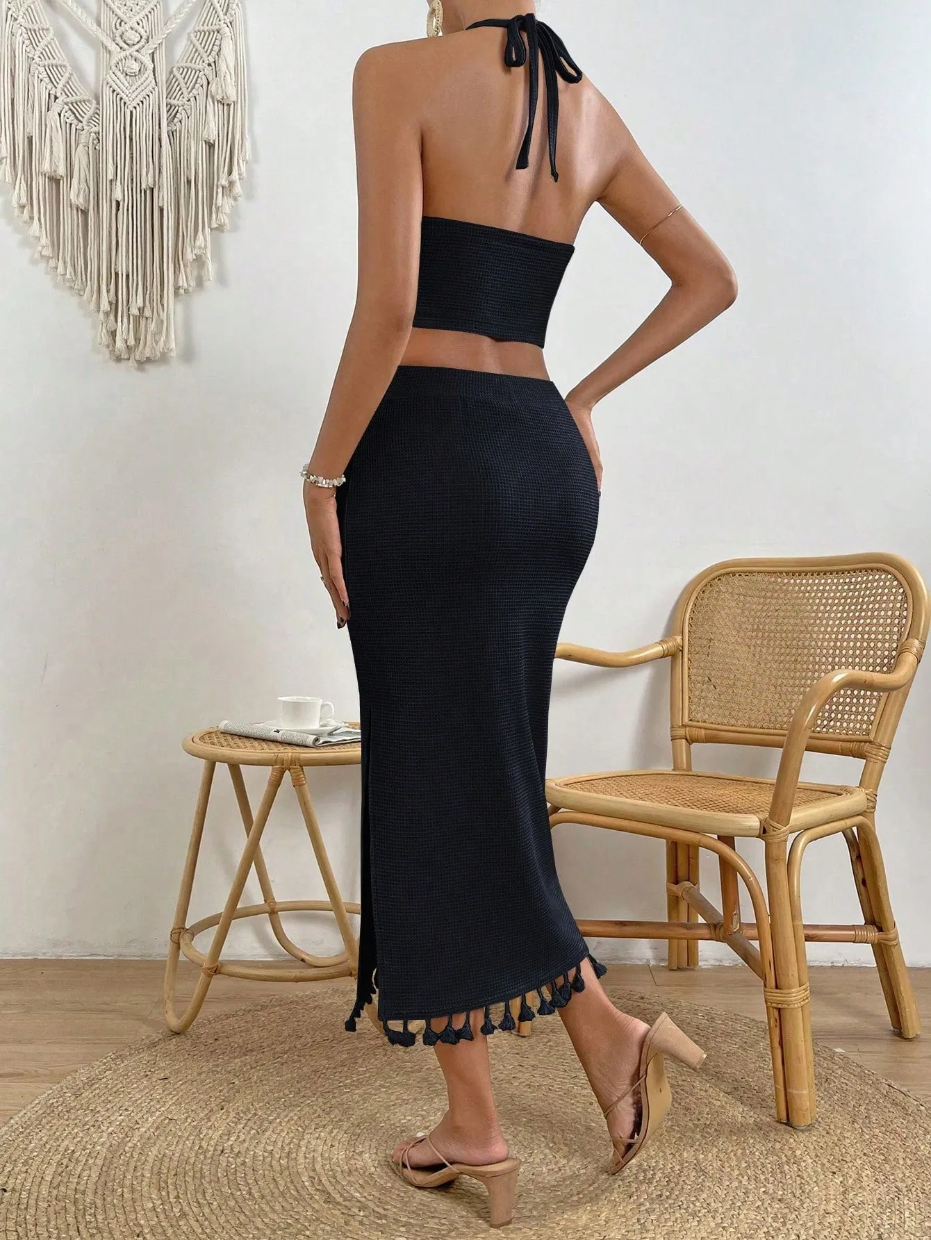VCAY Women's Fringed Halter Top And High Slit Skirt Set